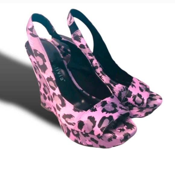 ηεω A+O Pink Leopard Slingback Peep-Toe Wedge Vintage Alice + Olivia Excellent - Picture 12 of 16